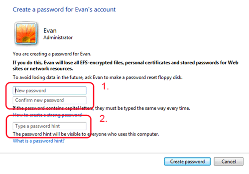 Windows 7 User Accounts, Create Password